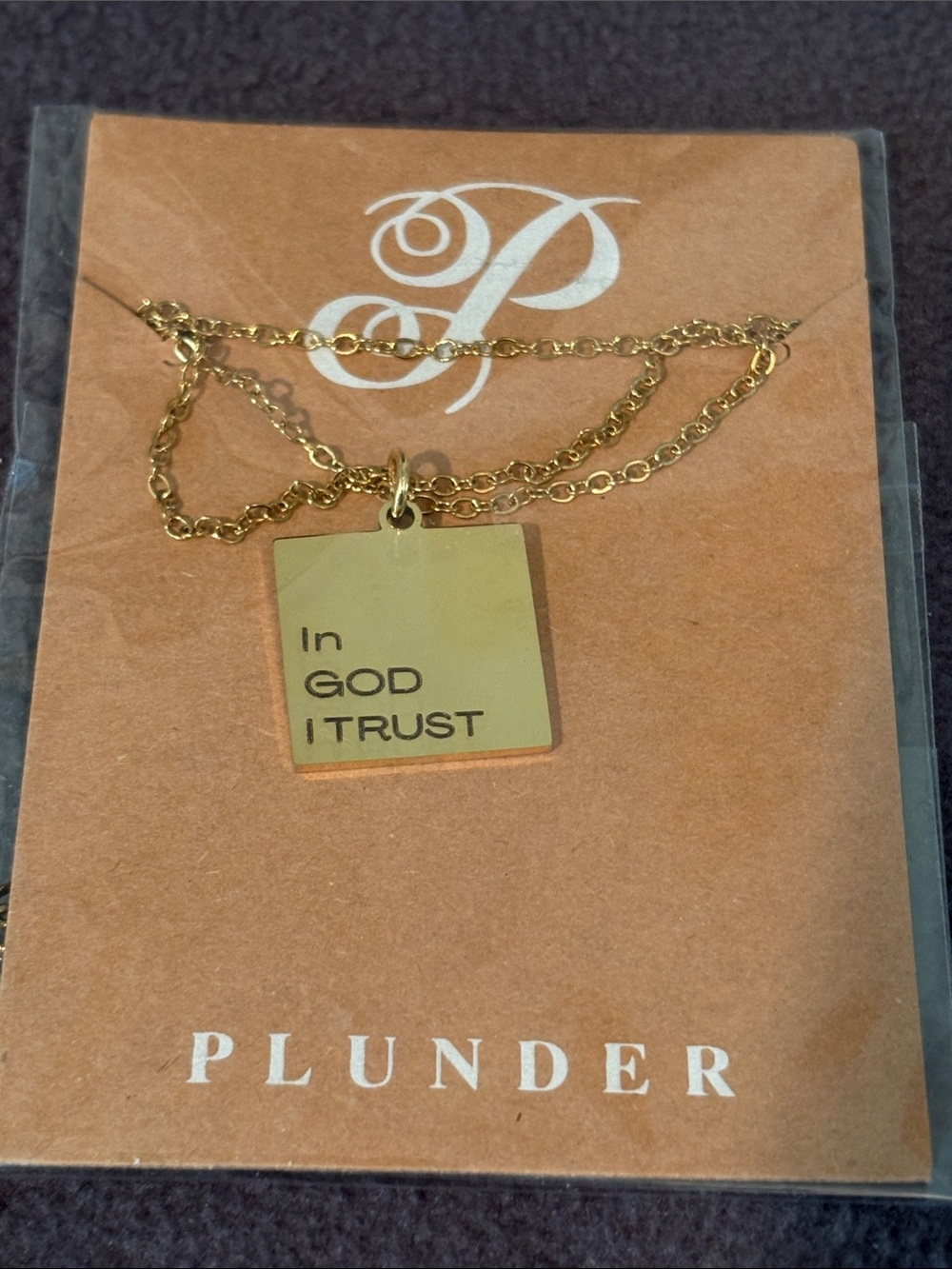 Plunder Gold Square Pendant Necklace with 'In God I Trust' Engraving